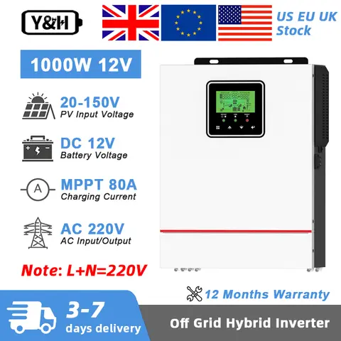 Y&H 1000W Hybrid Solar inverter 12VDC 220VAC Pure Sine Wave Hybrid inverter MPPT 80A Solar Charge Controller Max PV 150VDC
