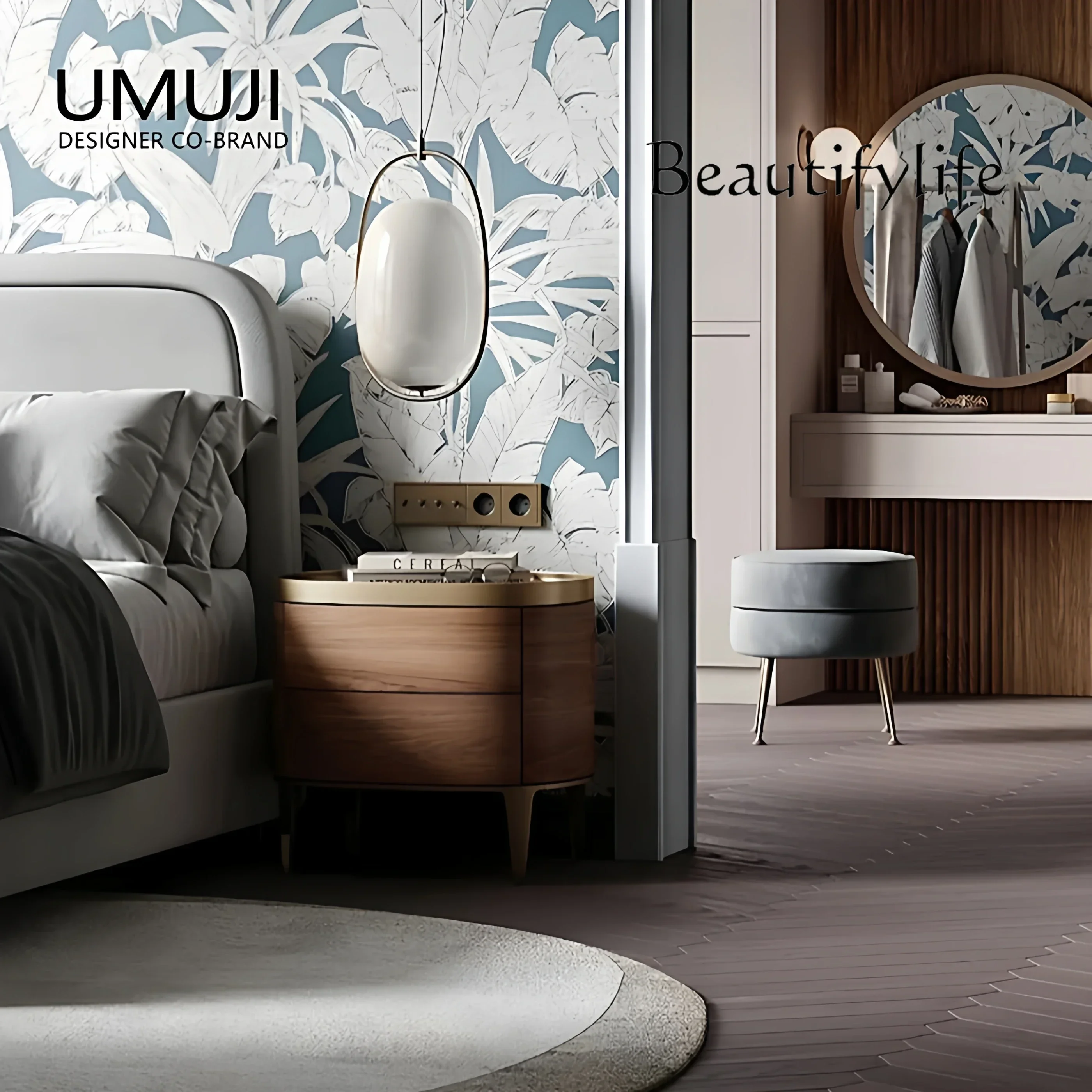 

Q X Итальянский минималистский орех Спальня Высококачественное домашнее хранилище Дизайнерская модель комнаты Ретро прикроватный шкаф