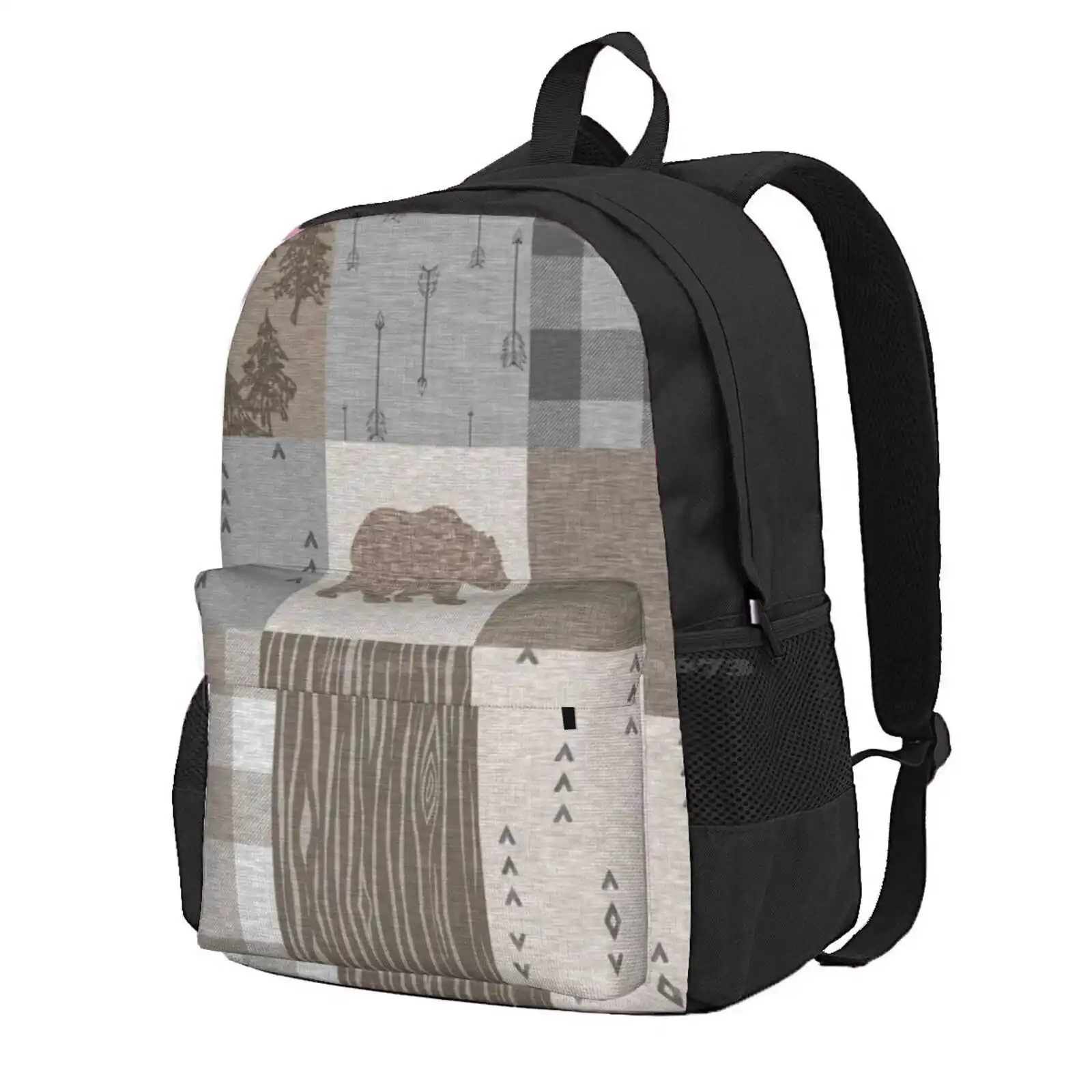 Bear Patchwork - Rustic Neutrals Hot Sale Schoolbag Backpack Fashion Bags Woodland Patchwork Pattern Beige Tan Grey Buffalo