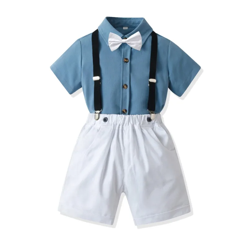 

A Summer Toddler Boys Casual Clothing Set Short Sleeve Bowtie Shirt Tops+Overalls Shorts Gentleman 2PCS Outfits Tuexdo