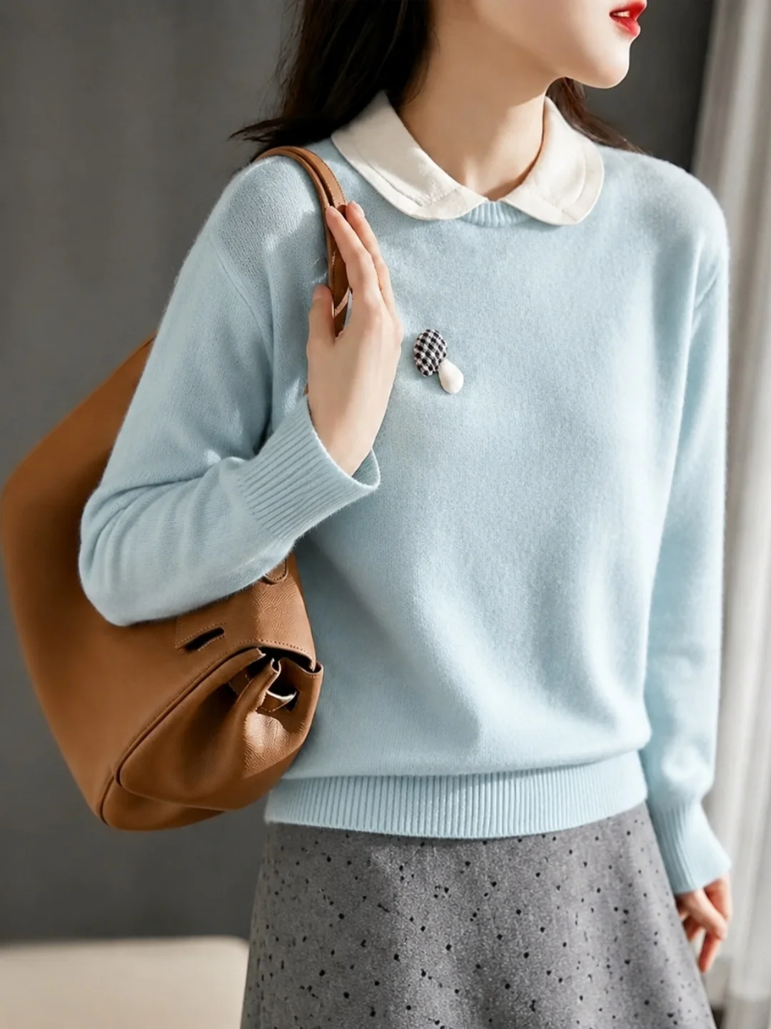 Fashionable Contrast Color Collar Knitted Sweater Casual Versatile New Arrival Autumn 2026 Women's Regular Fit Long Sleeve Top