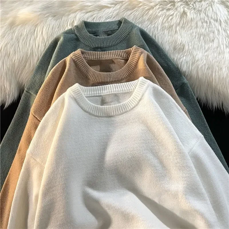 سترة محبوكة برقبة مستديرة للرجال والنساء ، بلون واحد ، أسفل فضفاض ، سترة بغطاء رأس دافئة ، ملابس عصرية كورية ، شتوية