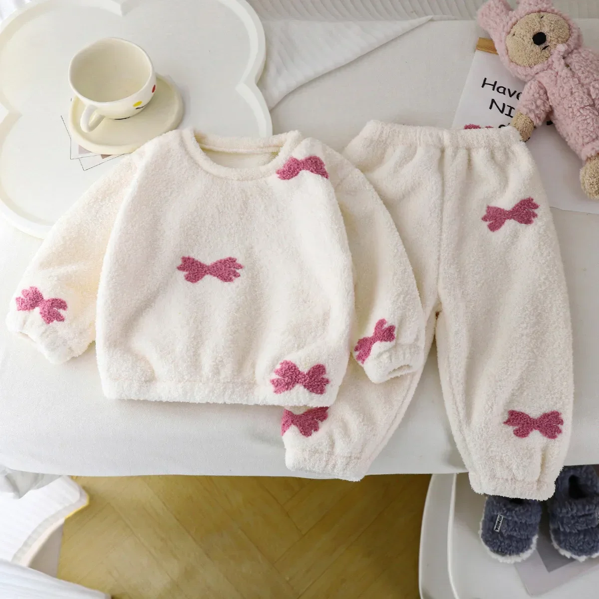 New Kids Autumn Winter Thicken Warm Fleece Pajamas Cute Cartoon O-neck Clothing Sets Baby Boys Girls Sleepwear Toddler Pyjamas