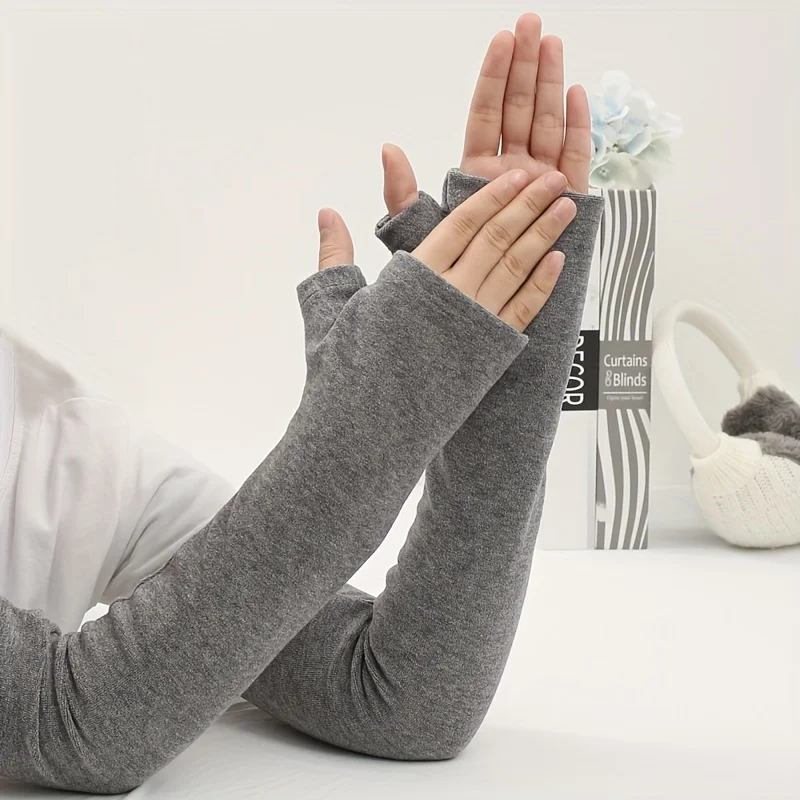 

Зимние утепленные плюшевые нарукавники для защиты от холода, теплые, для вождения, с защитой локтей, для женщин и мужчин, с отверстием для большого пальца, без пальцев, для езды, грелки для рук