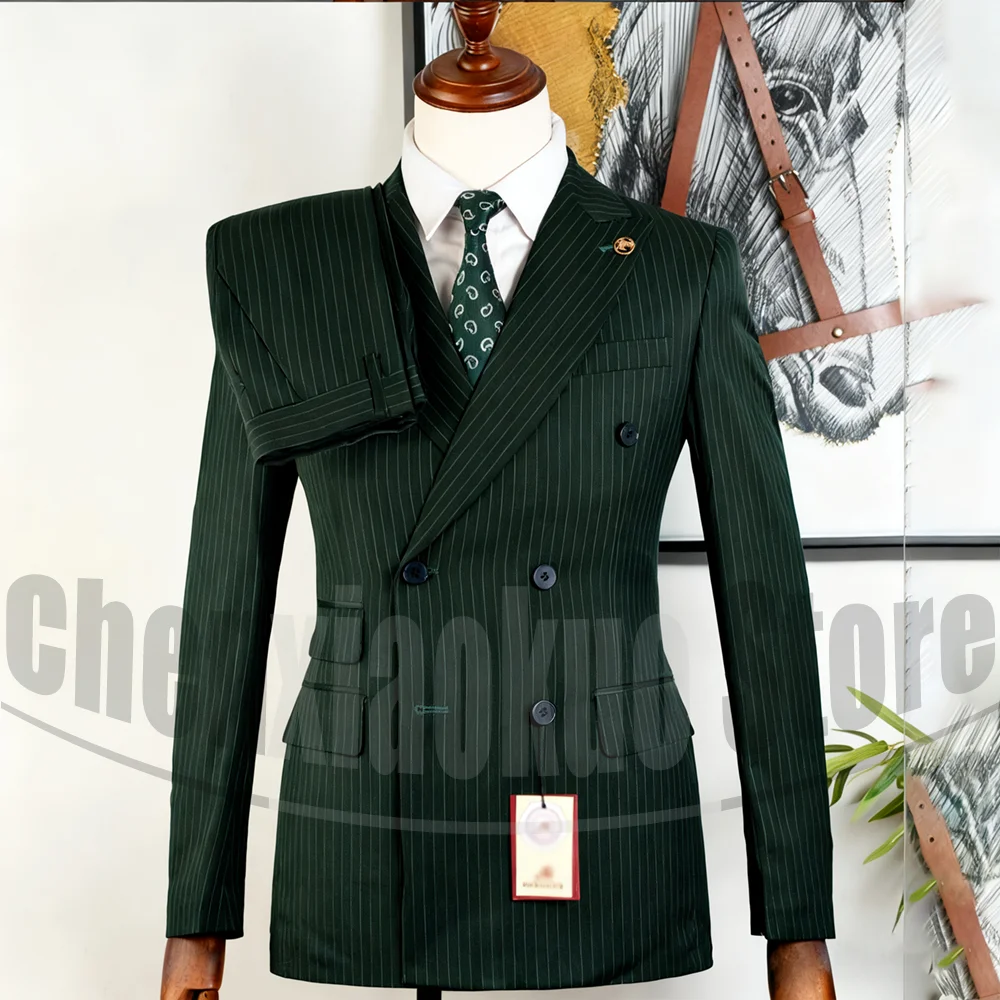 Мужской костюм в тонкую полоску, шикарный двубортный наряд с лацканами, комплект из 2 предметов, модные деловые повседневные офисные свадебные костюмы