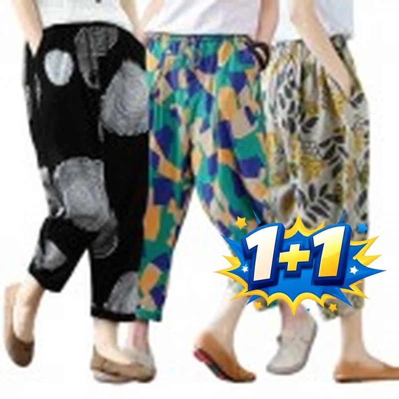 1+1 Illustration Elastic Waist Baggy Women's Trousers Pants Summer Linen Women's Cotton Pants Slacks