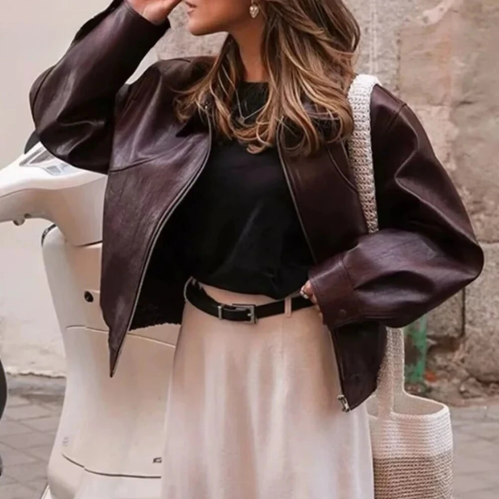 KONDALA Vintage Winered PU Casual Streetwear Woman Jackets Fashion 2025 Autumn High Street  Zipper Outwear Chic Female Cool Coat
