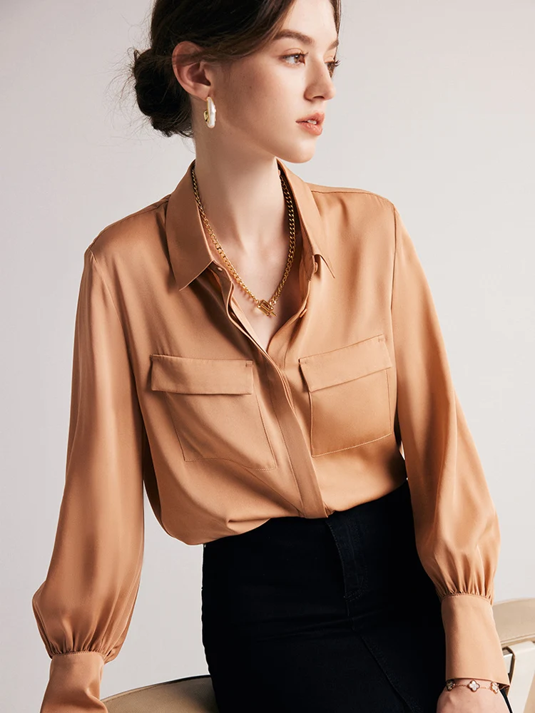 SuyaDream Woman Dress Shirts 90%Silk 10%Spandex Chest Pockets Solid Chic Blouses 2023 Spring Summer Office Lady Top