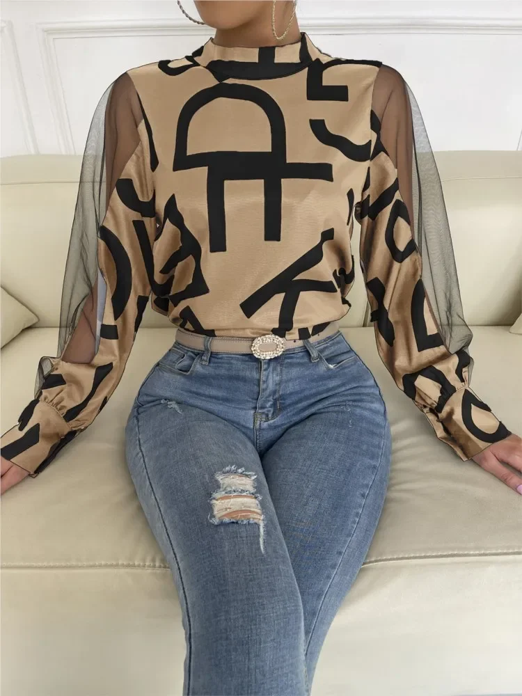 

CPSYMYM Women's Spring Summer New Fashionable Geometric Printed Splicing Mesh Casual Round Neck Long Sleeve Hooded Top