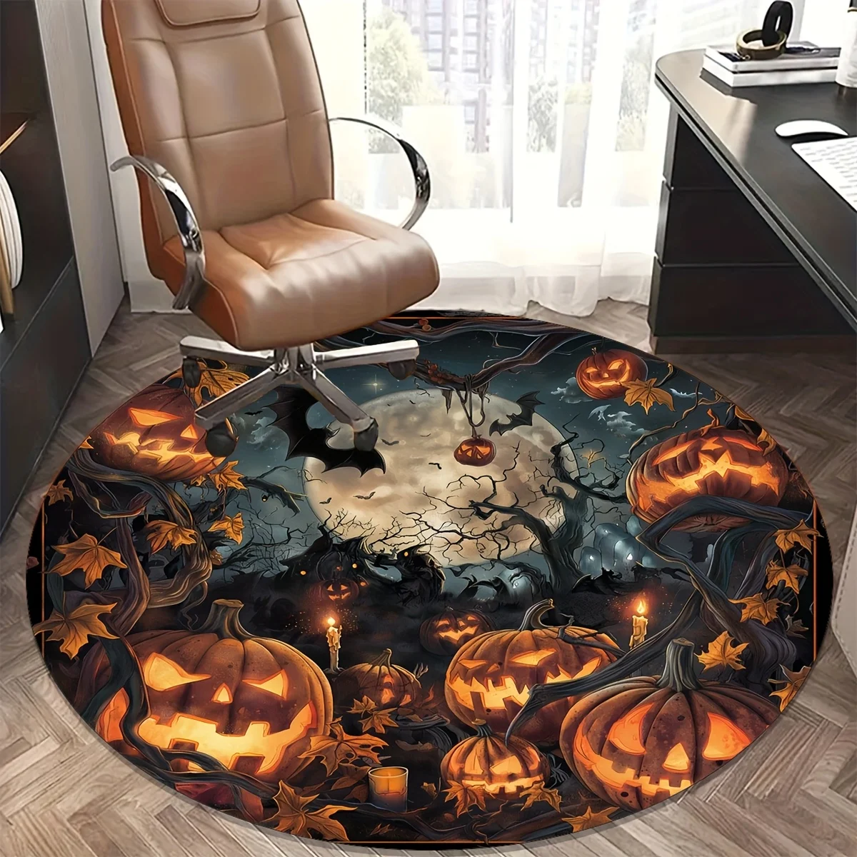 Round Pumpkin Rug Mat Halloween Spooky Season Floor Carpet Area Decor Circle Throw Pillow Fall Autumn Haunted House Design Mat f