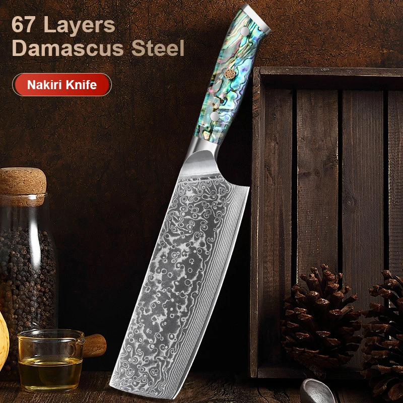 

7 Inch Nakiri knife Damascus Steel chef knife Abalone Shell Handle Sharp Kitchen Cooking Knife Tool