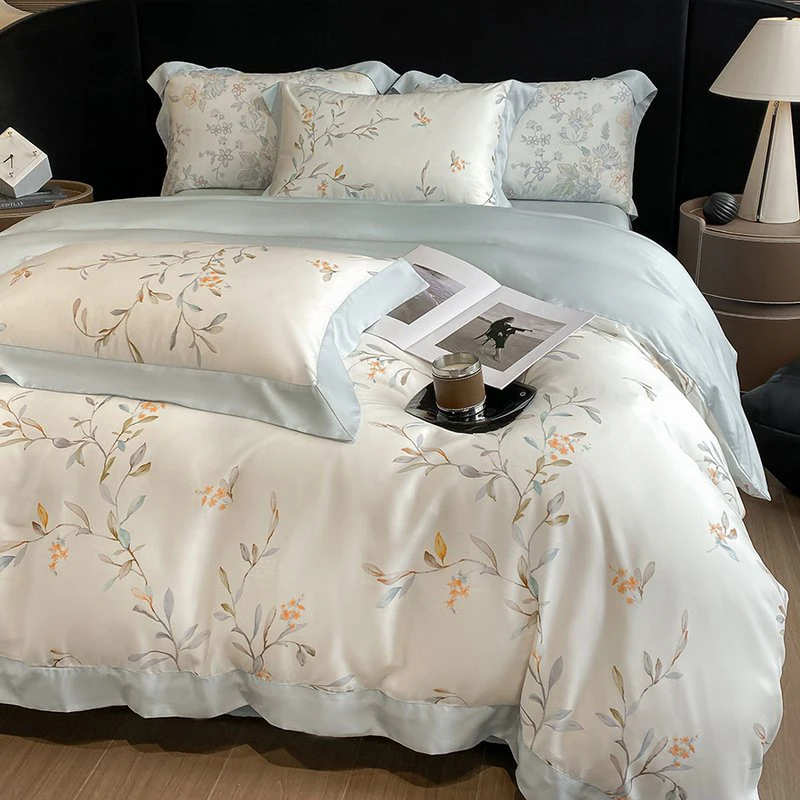Bloemen Botanische Prints Luxe Beddengoed Set Lyocell Eucalyptus Vezel Zacht Zijdeachtig Dekbedovertrek Plat/Ingericht Laken Kussensloop 4 Stuks