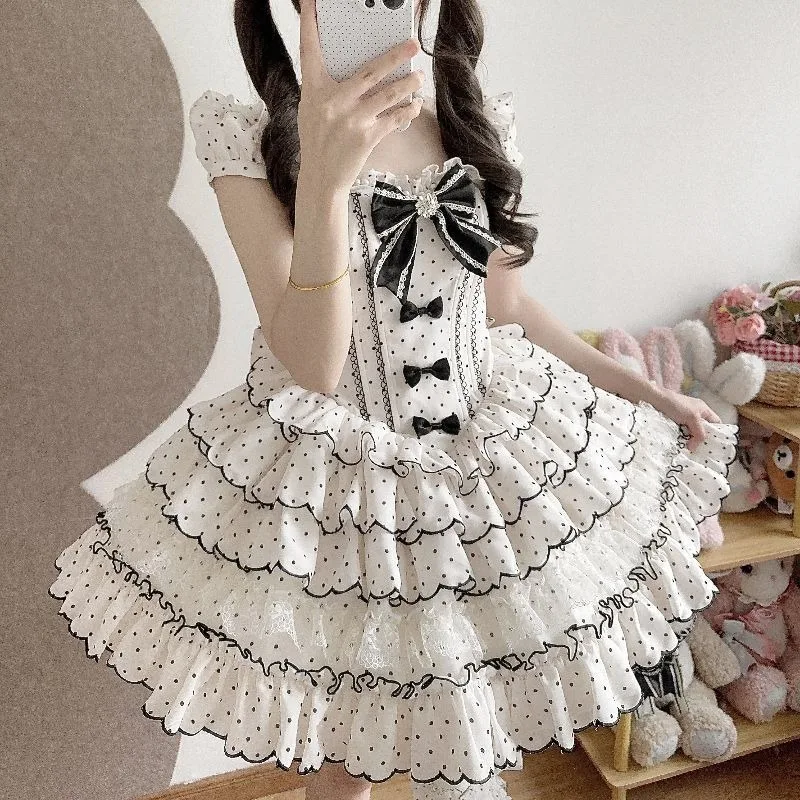 Cute Japanese Style Kawaii Lolita Sleeveless Strap A‑line Dress Y2K Vintage Lace Elegant Outfit for Women Holiday Party Cosplay