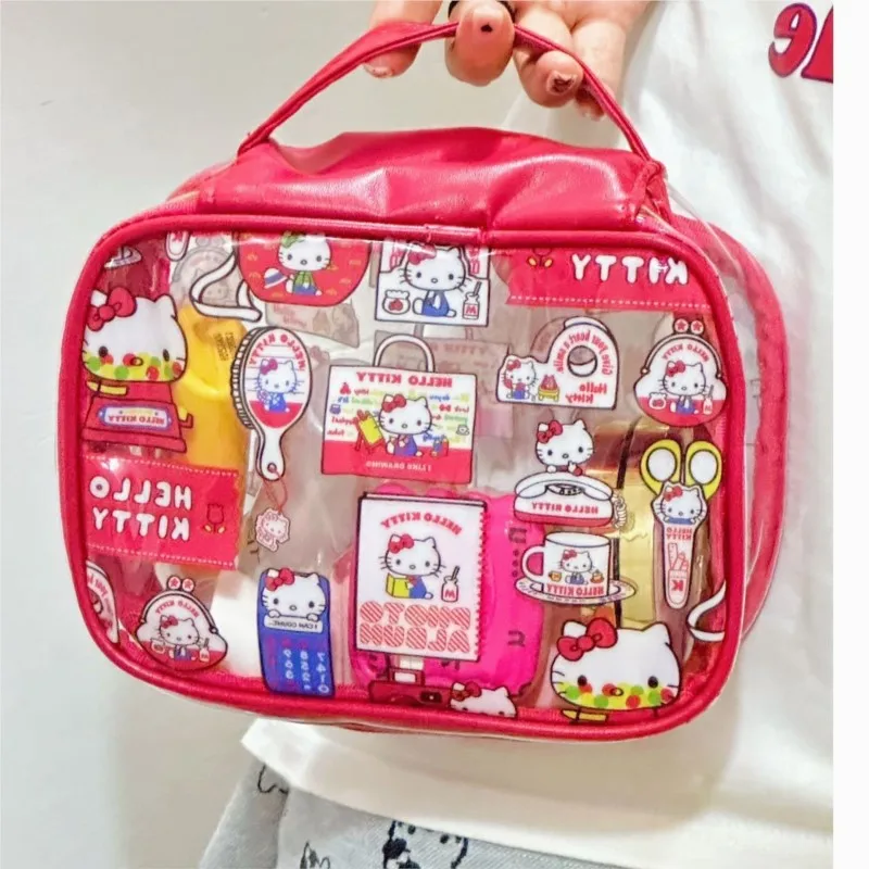 Hello Kitty Makeup Bag Transparent Sanrio Kawaii Portable Large-Capacity Waterproof Skin Care Storage Bag Wash Tote Handbag PVC