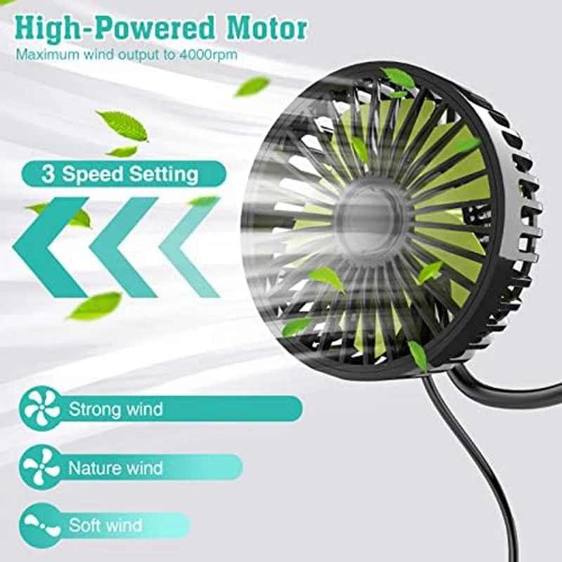 Ventilador de coche USB para asiento trasero, ventilador de refrigeración de 3 velocidades, viento fuerte, 5V, Clip ajustable