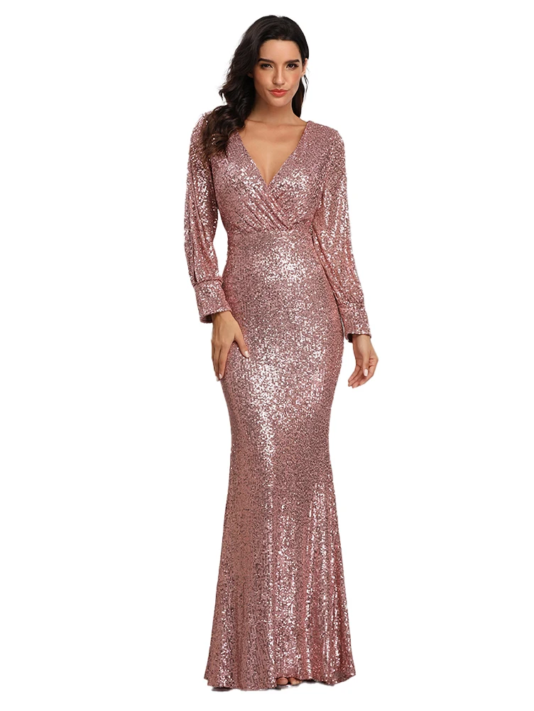 Ladies Cocktail Party Dress V-neck Long Sleeve Design Sequined Fishtail Skirt Elegant and Fashionable Party Women Evening Dress