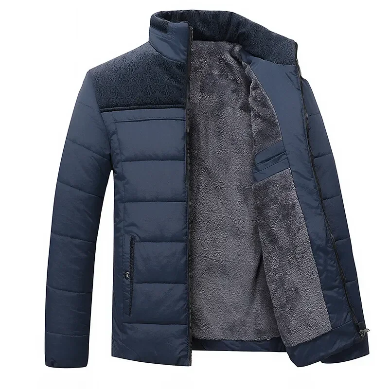 Casaco de zíper grosso quente masculino, sobretudo acolchoado, parka de pelúcia, jaqueta gola, inverno