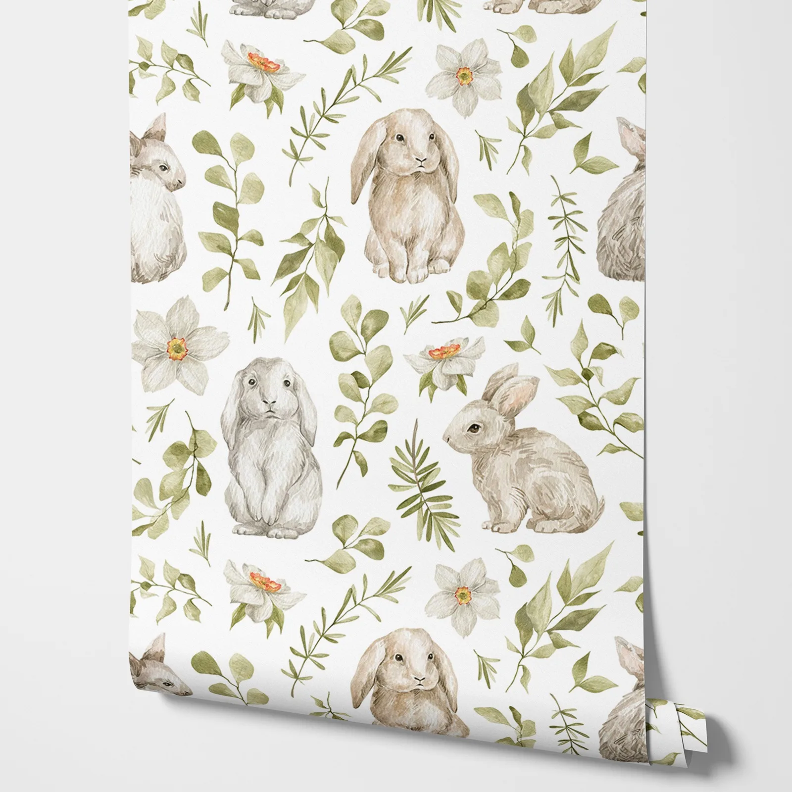 Bunny Wallpaper Kids Room Wallpaper Girl Nursery Wall Decor Baby Girl Room Wallpaper Bunny Rabbit Watercolor Green Leaf  Floral