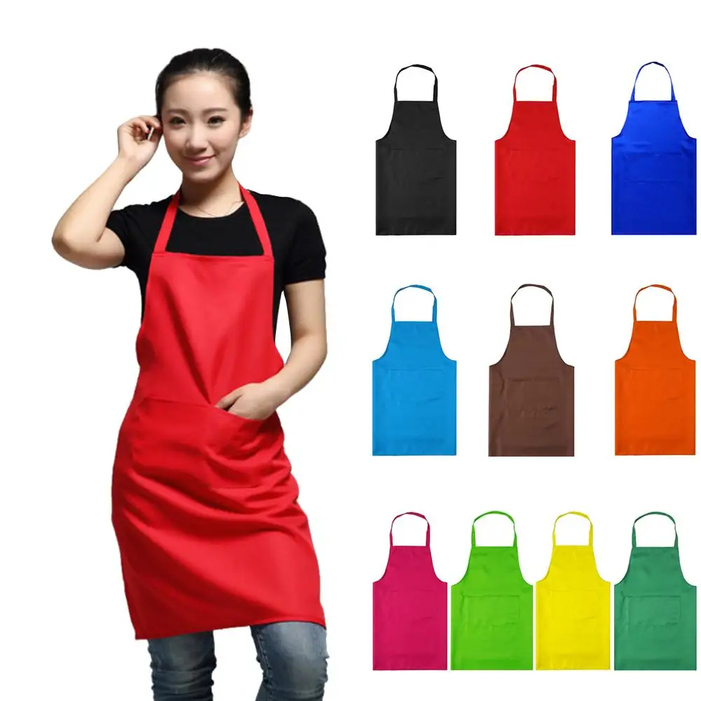 Polyester+ Cotton Blend Sleeveless Apron Black Red Coffee Orange Anti-wear Cooking Kitchen Bib Women Men Aprons With Big Pocket