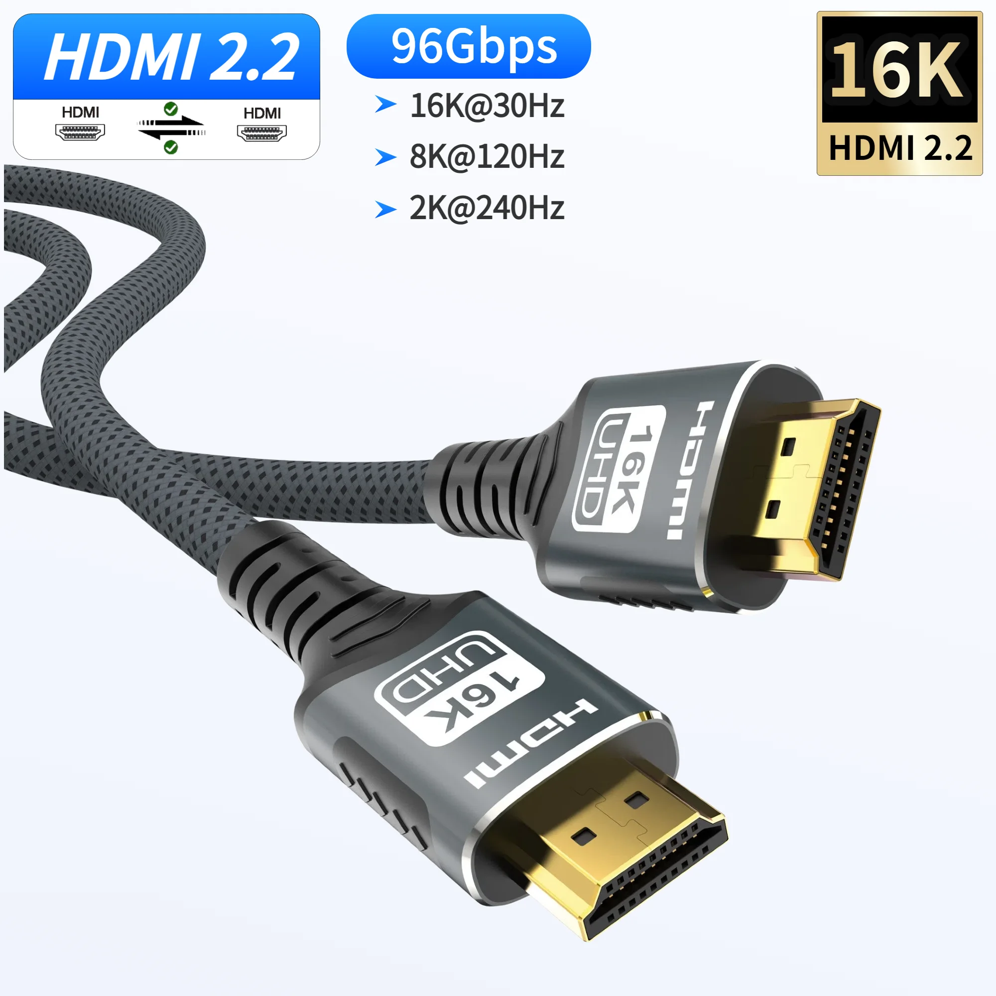 16K 10K 8K HDMI 2.2 Cable 96Gbps HDMI Braided Cord Support 4K@240Hz 8K@120Hz, HDCP 2.2&2.3 Dynamic HDR eARC for Roku TV/HDTV/PS5