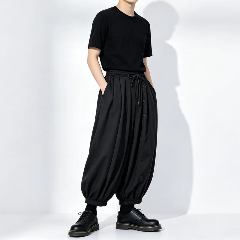 Men'S Casual Pants, Dark-Colored, Loose-Fitting, Lantern-Style, High-Waisted, Wide-Leg, Cropped Trousers, 23817