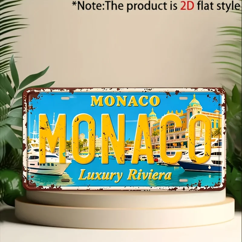 Monaco Luxury Riviera Yacht Marina 2D Flat Aluminum Metal Tin Sign for Retro Travel Wall Decor, Bar, Cafe, Home Decoration