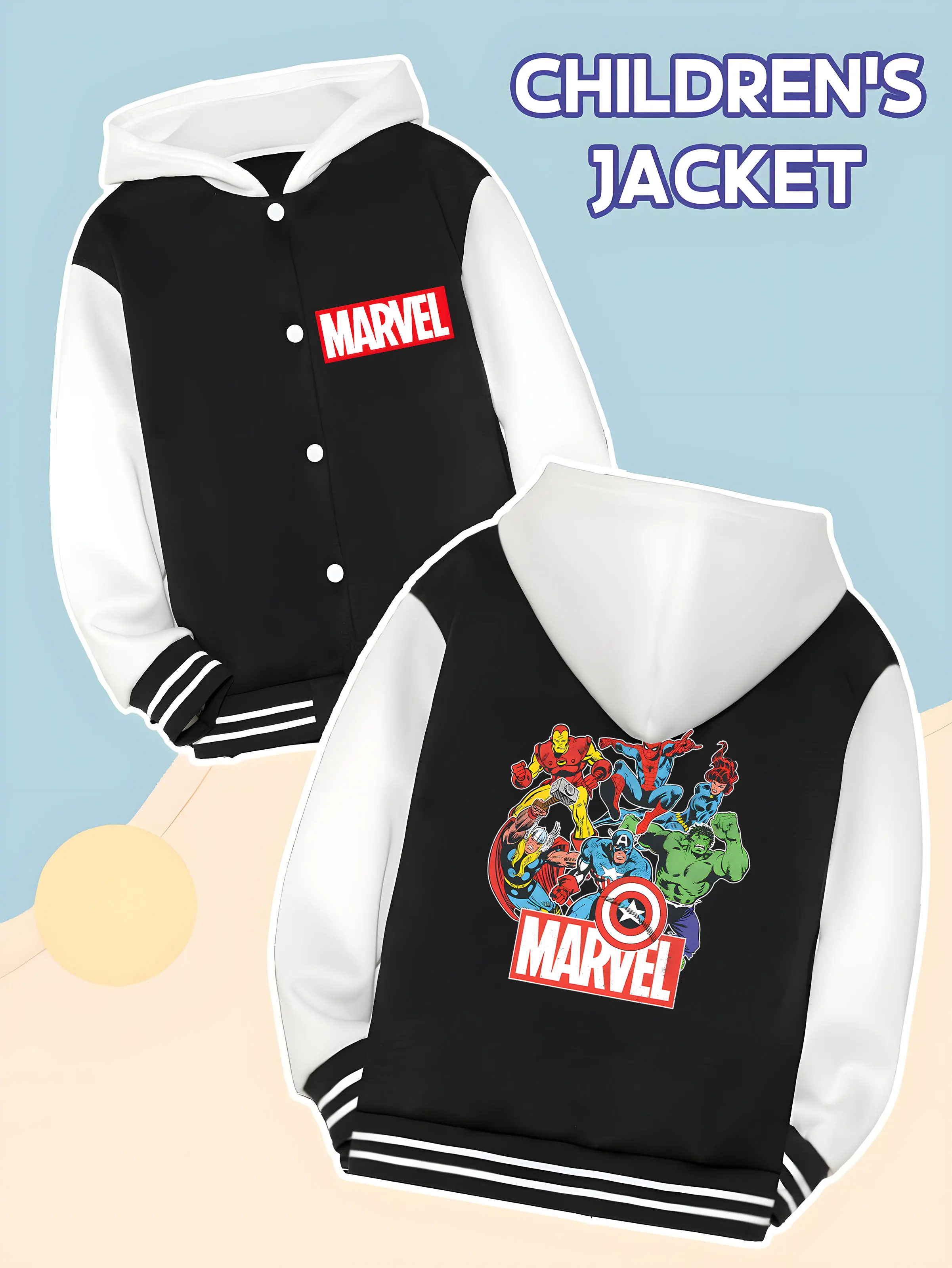 

MINISO Marvel Avengers Collection Boys' Baseball Jacket - Avengers heroes gather together in print, double-sided to show heroic