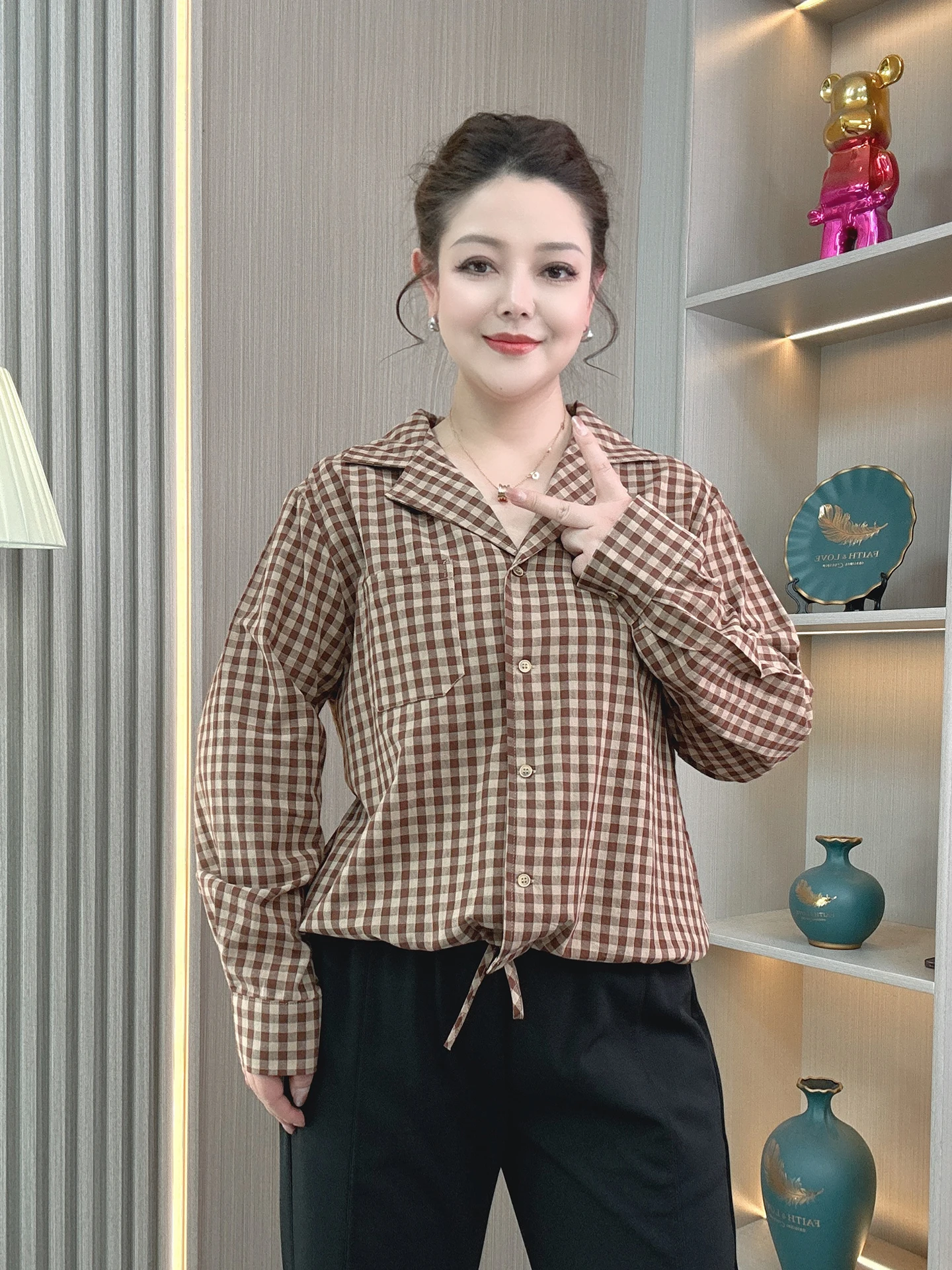 

Spring New Retro Plaid Women's Long Sleeve Casual Shirt plus Size Slimming Belted Hong Style Comfortable Breathable Cotton Top