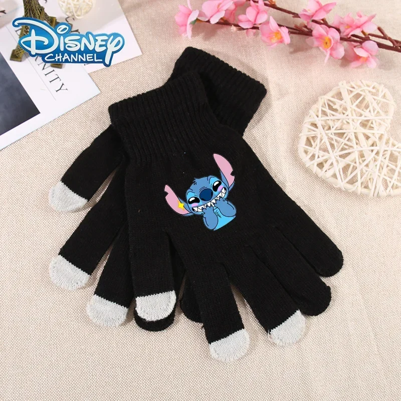 Stitch Knitted Gloves Disney Touch Screen Full Finger Gloves Warm Solid Color Thick Touch Screen Skiing Outdoor Cycling Glove