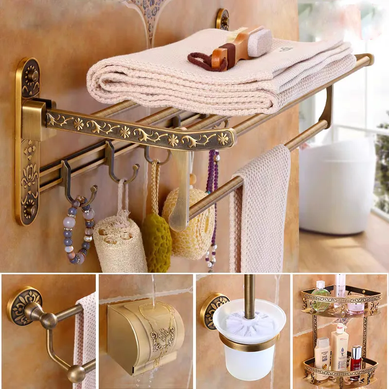 Aluminum Foldable Antique Brass Bath Towel Rack Active Bathroom Towel Holder Double Towel Shelf With Hooks Bathroom Accessories