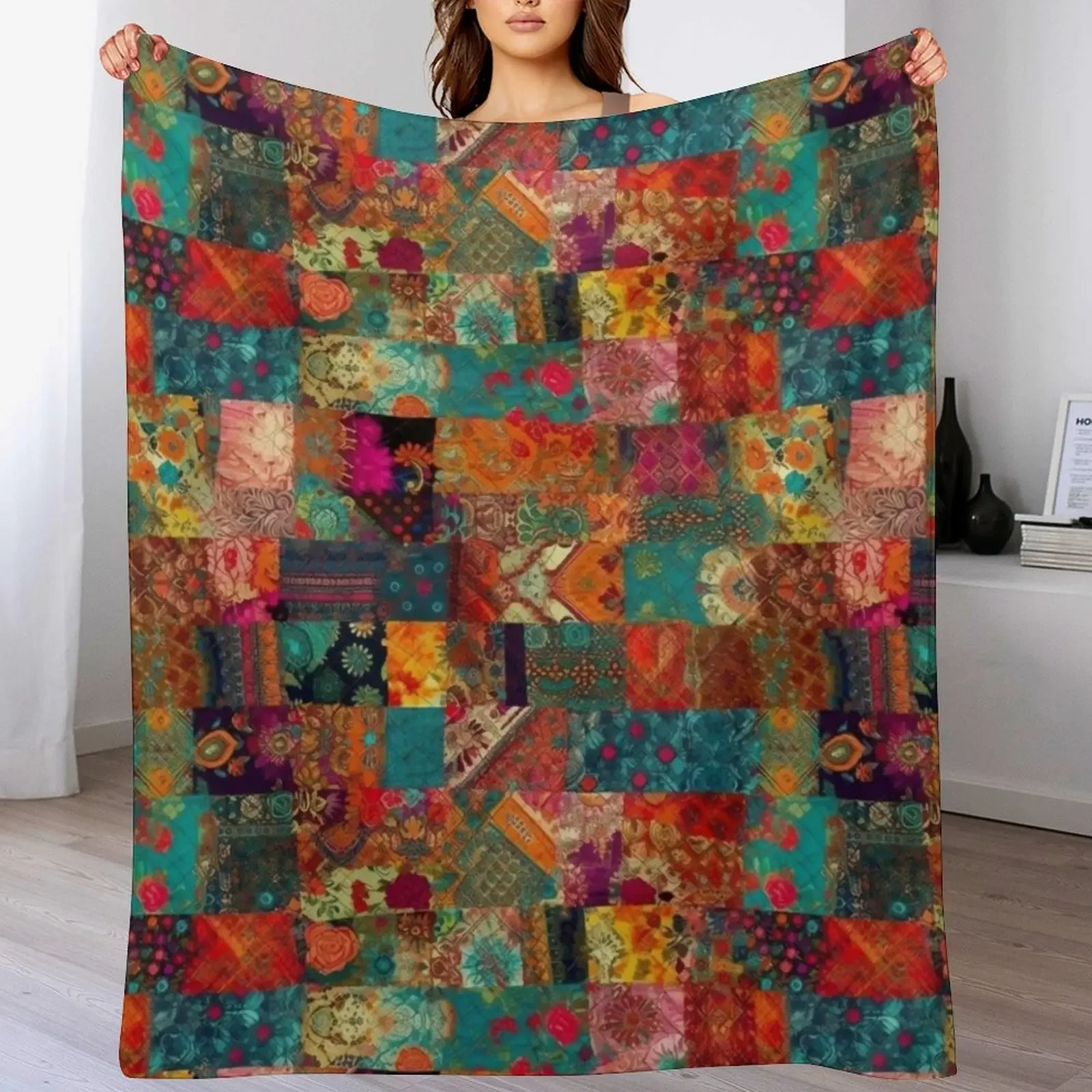 Bohemian Patchwork Wonderland Vibrant Bright Hippie Throw Blanket Spring Fall Cozy Throw Blanket for Couch