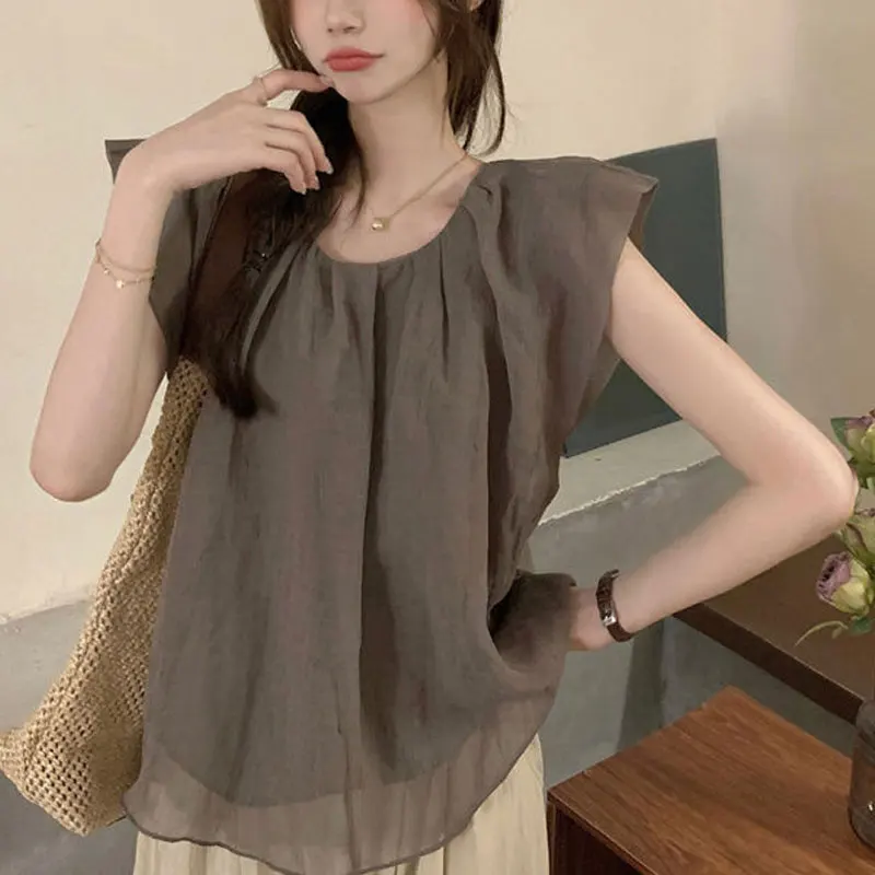 Fashion Vintage Loose Folds Blouse Summer Korean Flying Sleeve Women\'s Clothing Solid Color All-match Casual Round Neck Shirt