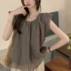 Fashion Vintage Loose Folds Blouse Summer Korean Flying Sleeve Women's Clothing Solid Color All-match Casual Round Neck Shirt