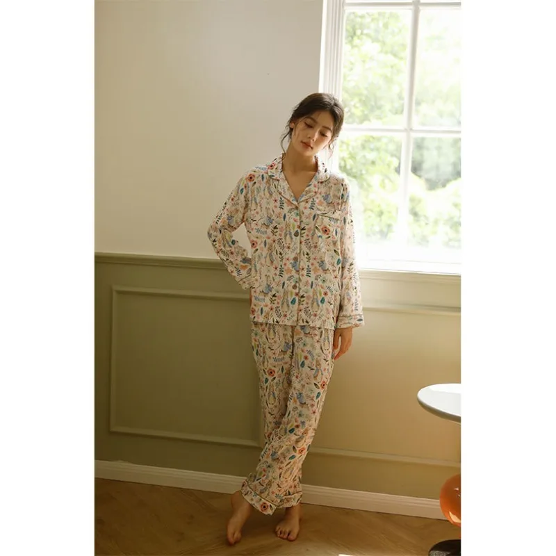 2023 Autumn Bamboo Cotton Double Gauze Magic Rabbit Print Pajamas Women\'s Home Wear Long-sleeved Trousers Set Comfort Sleepwear