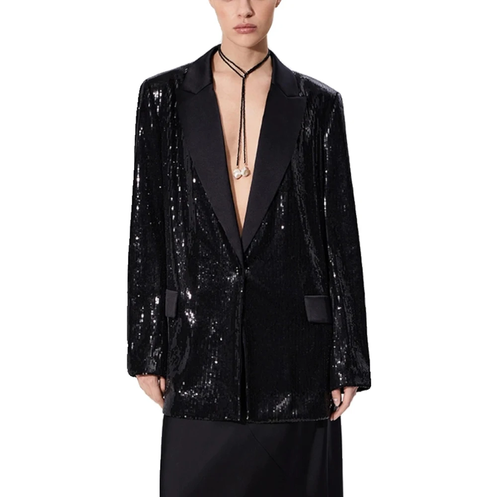 TWOTWINSTYLE Solid Spliced Button Blazers For Women Notched Collar Long Sleeve Patchwork Sequins Chic Blazer Female Fashion New