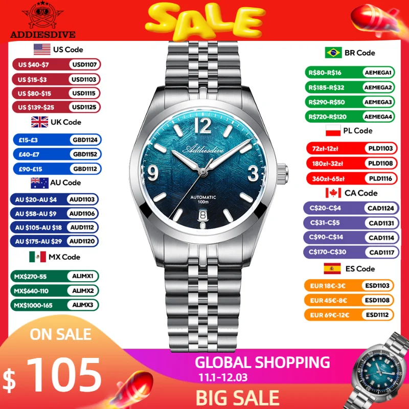 ADDIESDIVE New Automatic Watch Men Luxury Sapphire 8215 Mechanical Wristwatch BGW9 Luminous Waterproof 100m 39mm Fashion Watch