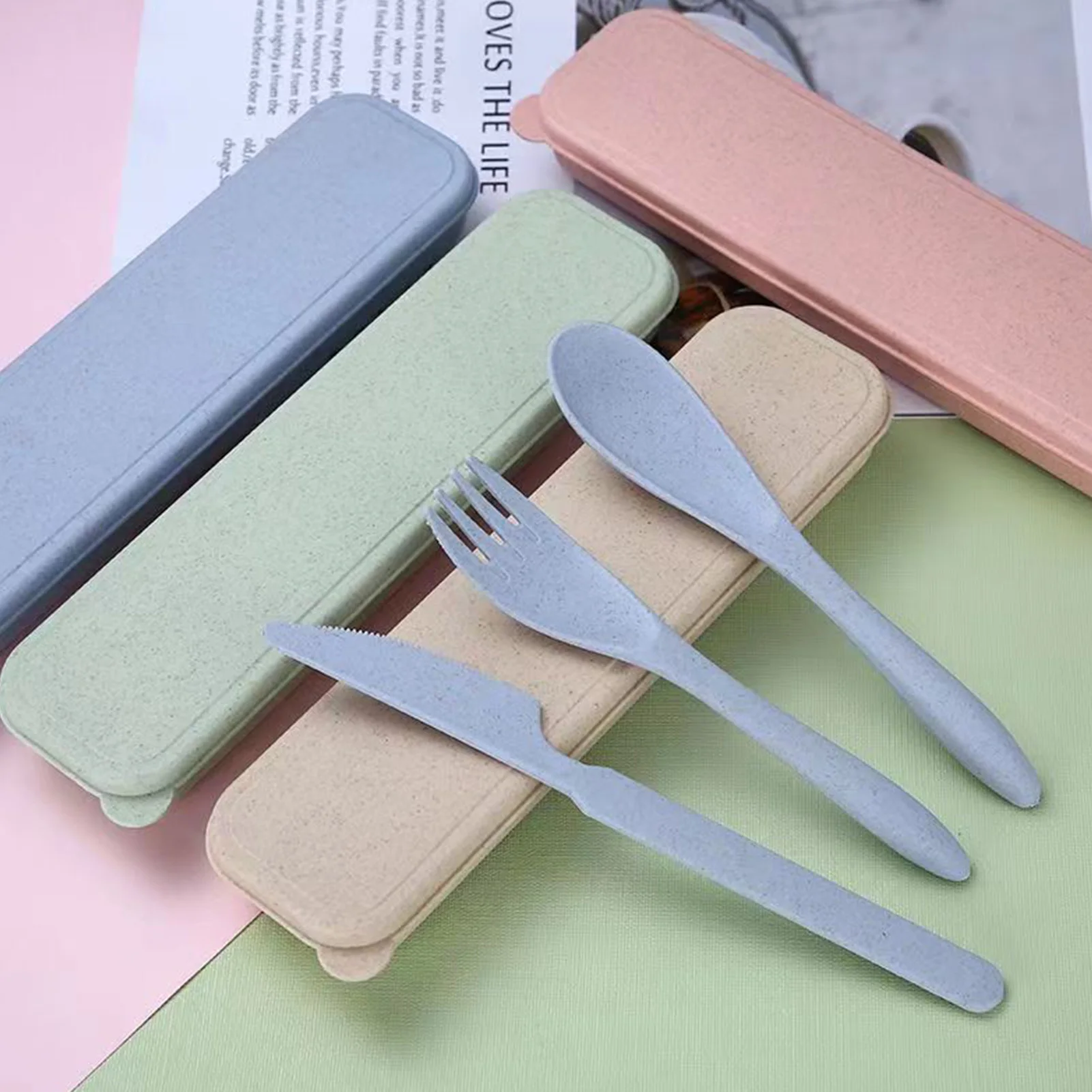 Wheat Straw Portable Cutlery Set with Case Fork Spoon Knife for Office School Picnic Travel