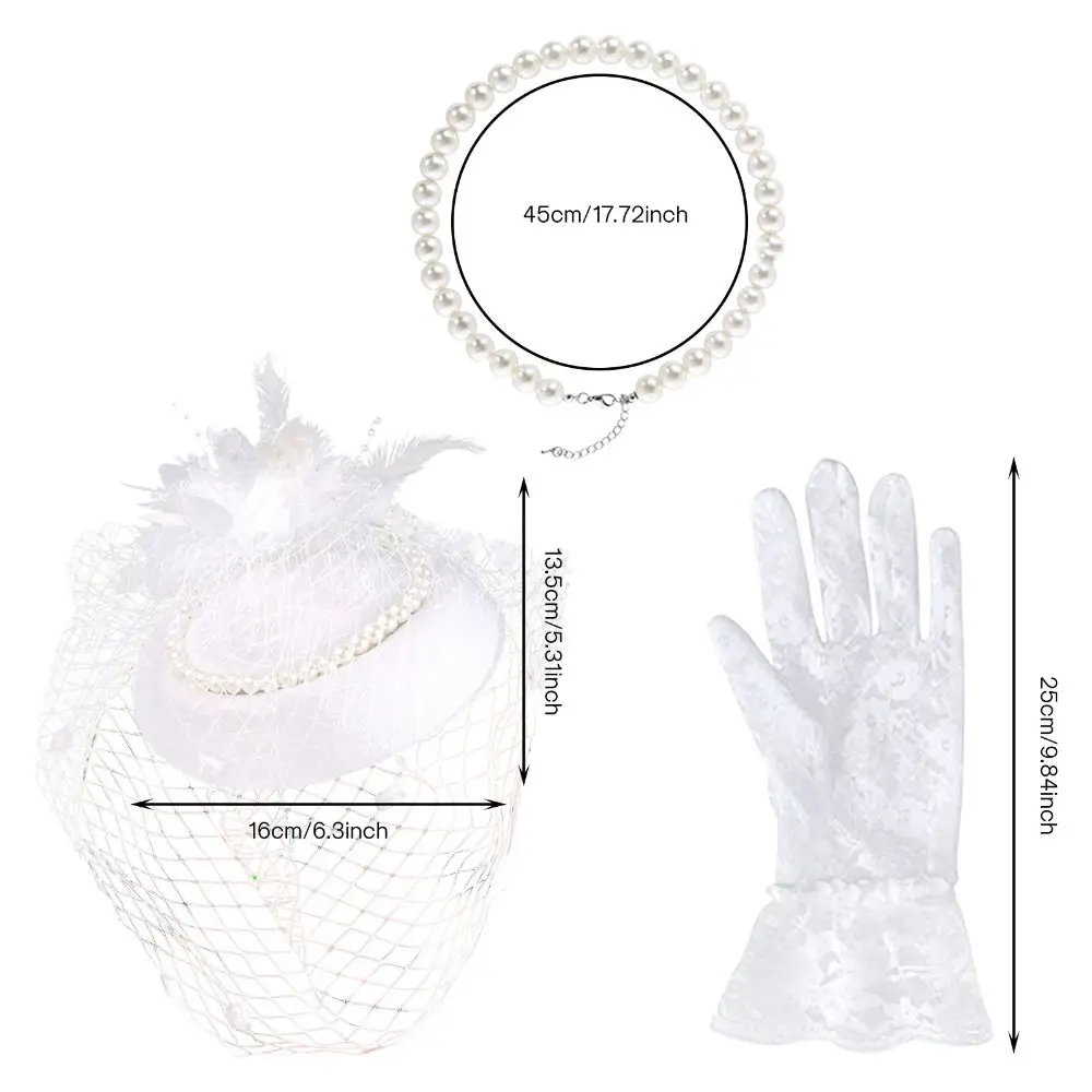 Женская шляпа с вуалью и перьями, погребальные шляпы для женщин, кружевные перчатки, жемчужное ожерелье, головные уборы Дерби для женщин, цвет бежевый, белый головной убор