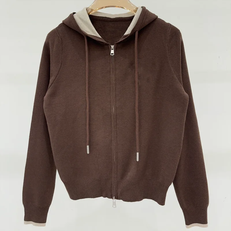 

High-quality women's autumn hooded drawstring adjustable strap coat with zipper patch decoration luxury jacket 25916172