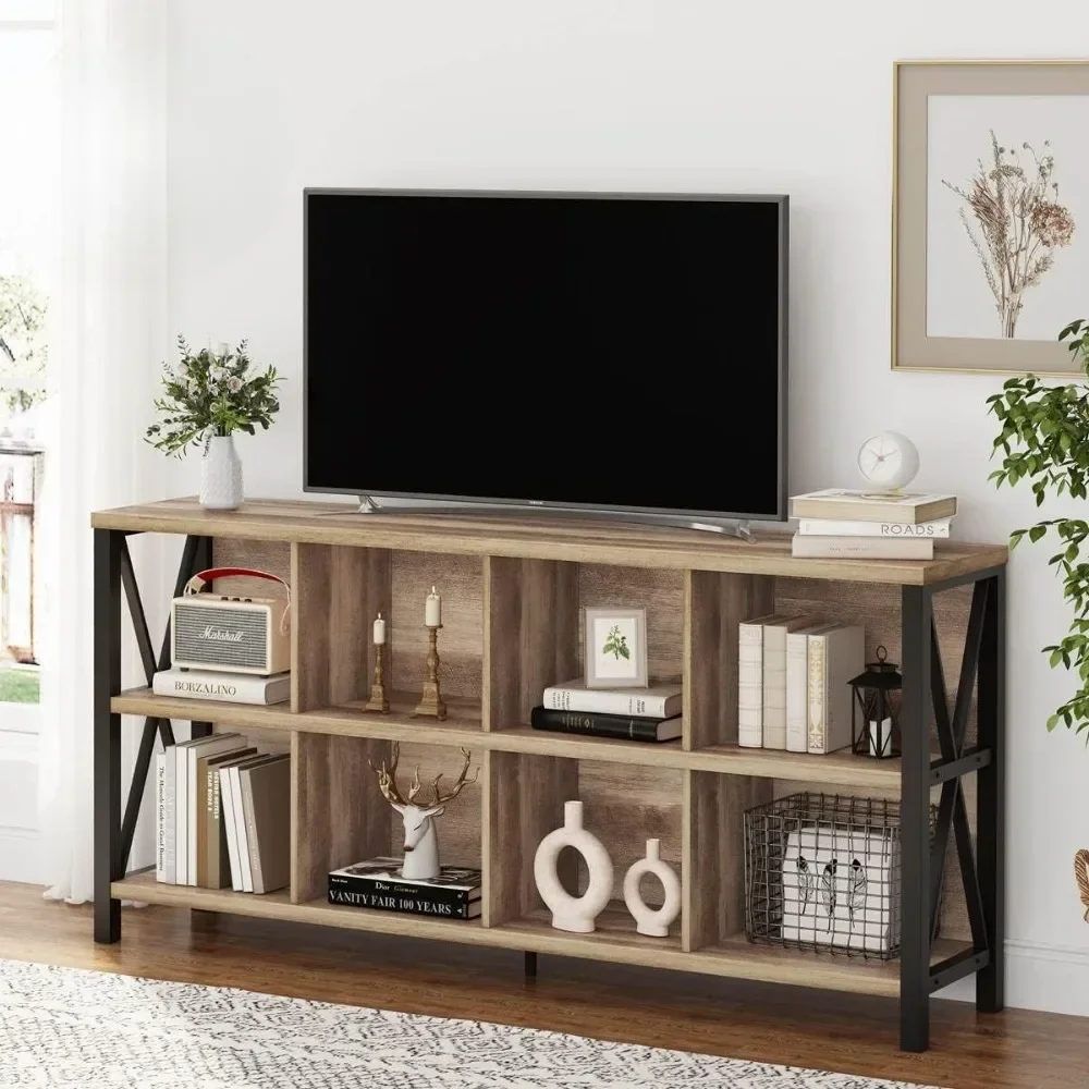 8 Cube  Bookshelf Storage Organizer, Rustic Wood Cubby Bookcase, Industrial Horizontal Long Shelf for Living Room