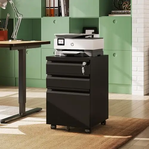 3 Drawer File Cabinet, Metal Filing Cabinet with Lock, Under Desk Cabinet with Wheels for Home Office, Fits