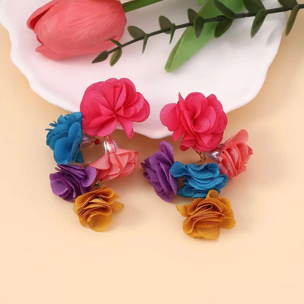 2024 Colorful Flower Tassel Earrings Exaggerated Boho Holiday Wind Eardrop Ethnic Colorful Floral Fabric Earrings