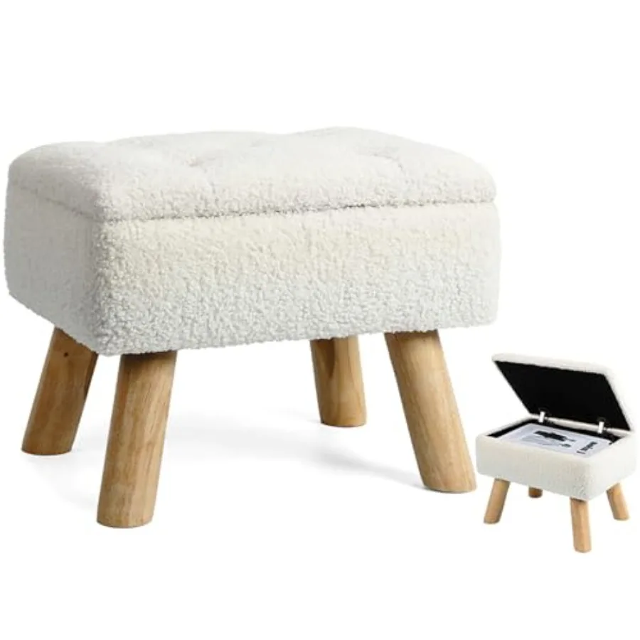 

Storage Ottoman, Small Feet Stool Ottoman with Storage, Boucle Teddy Velvet Feet Rest with Padded Seat, Sturdy Wood Legs Stool