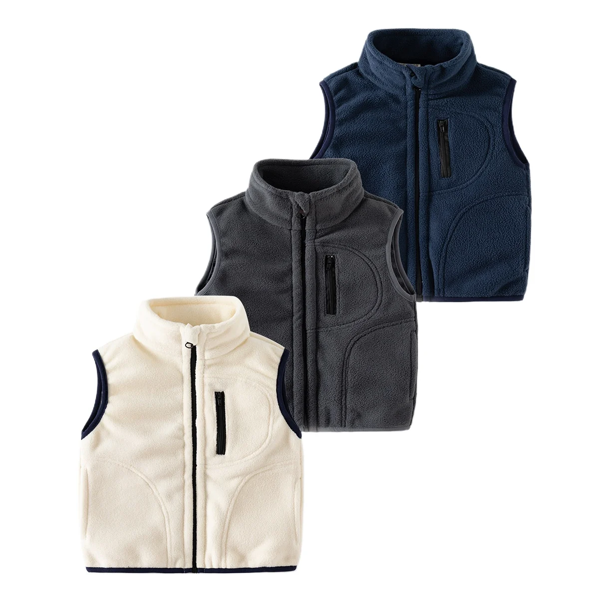 Boys\' Casual Solid Color Fleece Sleeveless Warm Vest Spring Autumn Stylish Stand Collar Zipper Cardigan Waistcoats 2-7 Years Old