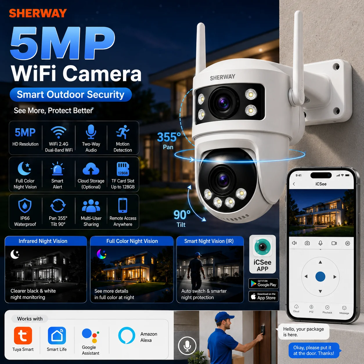 Telecamera di sicurezza PTZ a doppia lente da 8MP Tuya WiFi per esterni IP Camera 350 ° Rotazione, Tracciamento Automatico, Zoom Digitale, Visione N