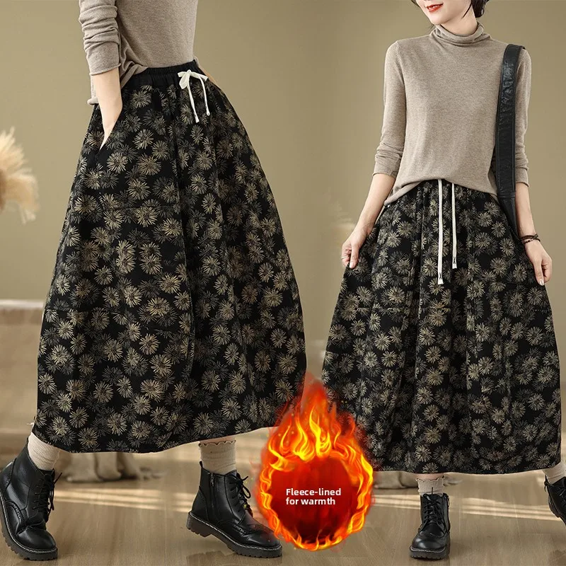 

Retro Print Fce Lined High Waist Long A-Line Denim Skirt Women plus Size Dstring Waist Winter Faion Ladies Skirts