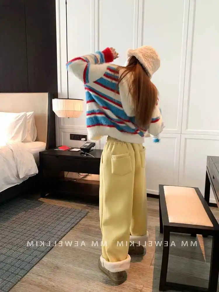 Lamb's Wool Casual Sweat Pants Women New Autumn Winter Thickened Velvet Drawstring Trouser Loose Straight Wide-legged Long Pants