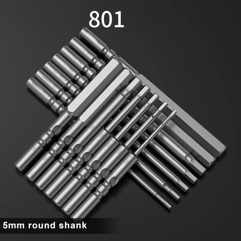 10pcs/ 60/80mm L Magnetic 801 5mm Round Shank Impact Electric Hex Screwdriver bit Hexagon Drill Head H1.5 H2.0 H2.5 H3 H4 H5 H6