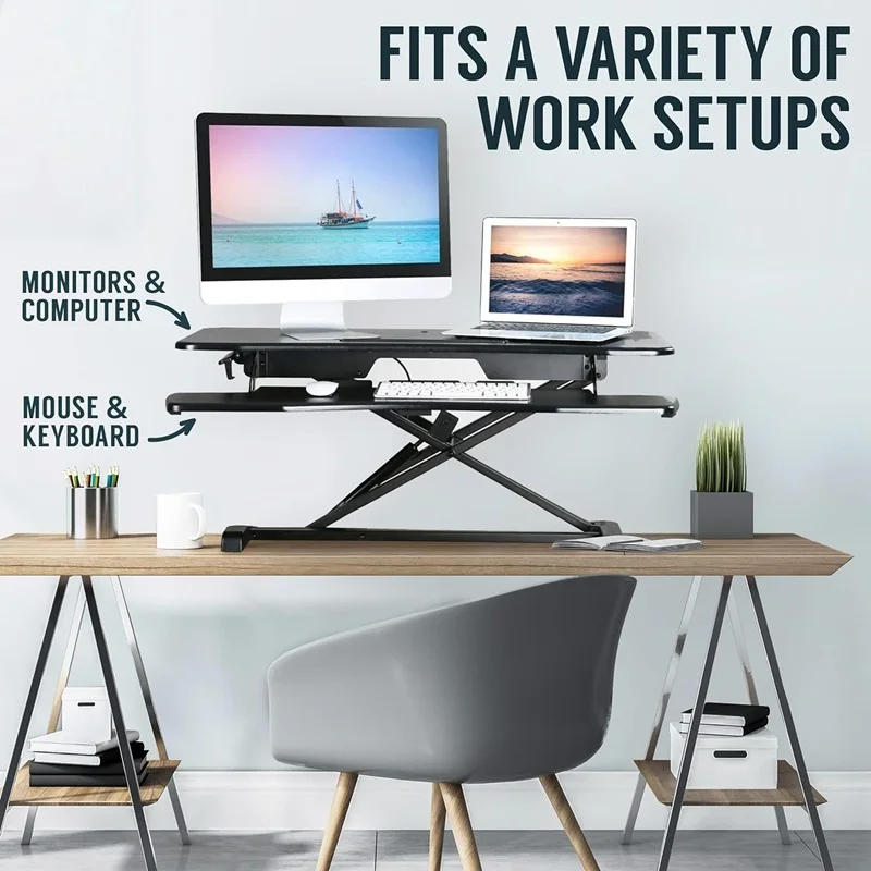 32-Inch Dual Monitor Electric Standing Desk Converter with Removable Keyboard Tray, Height Adjustable Standing Computer Desk for