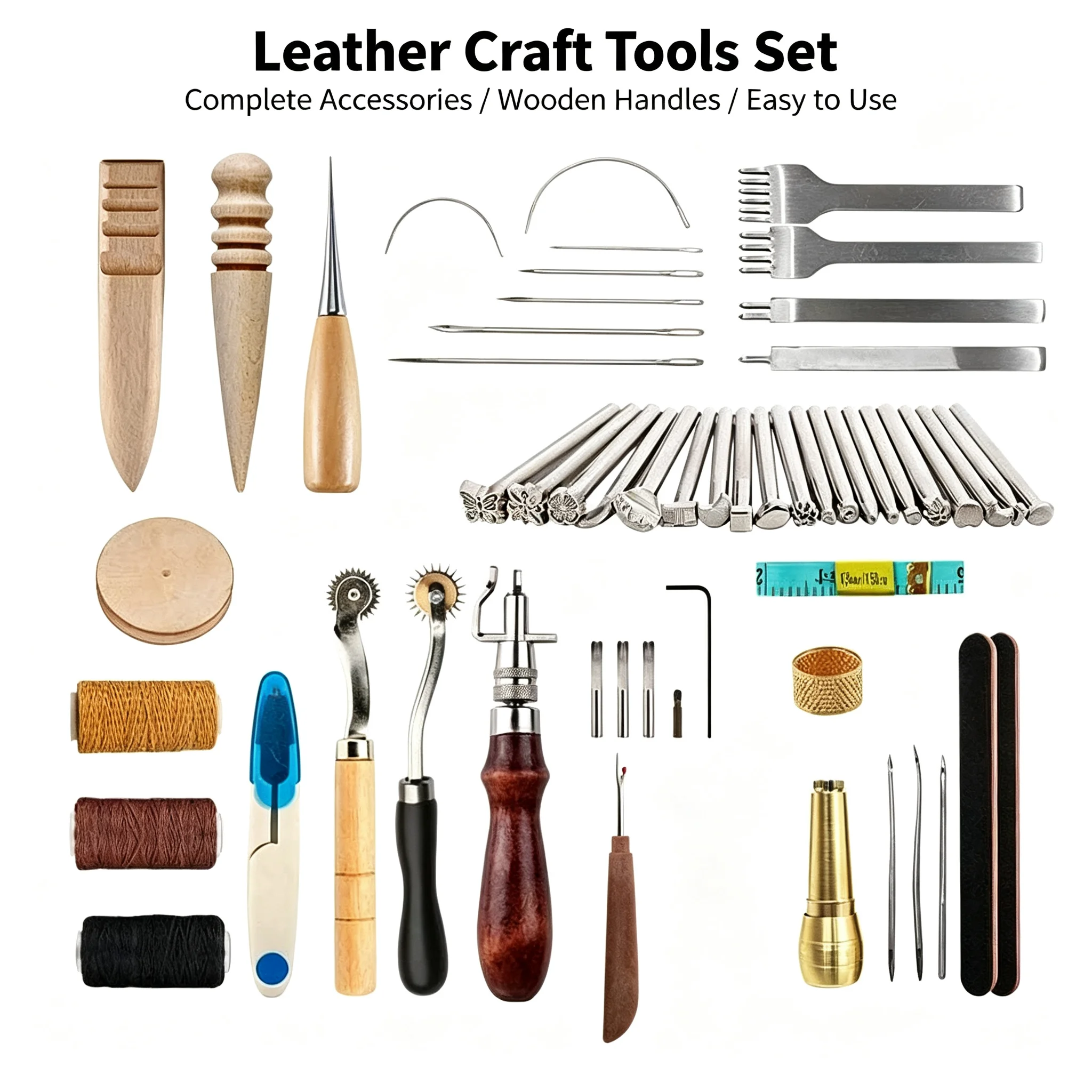 Professional Leather Craft Tools Set, Complete Hand‑Stamping Sewing Punching Kit with Wooden Handles, Waxed Thread,
